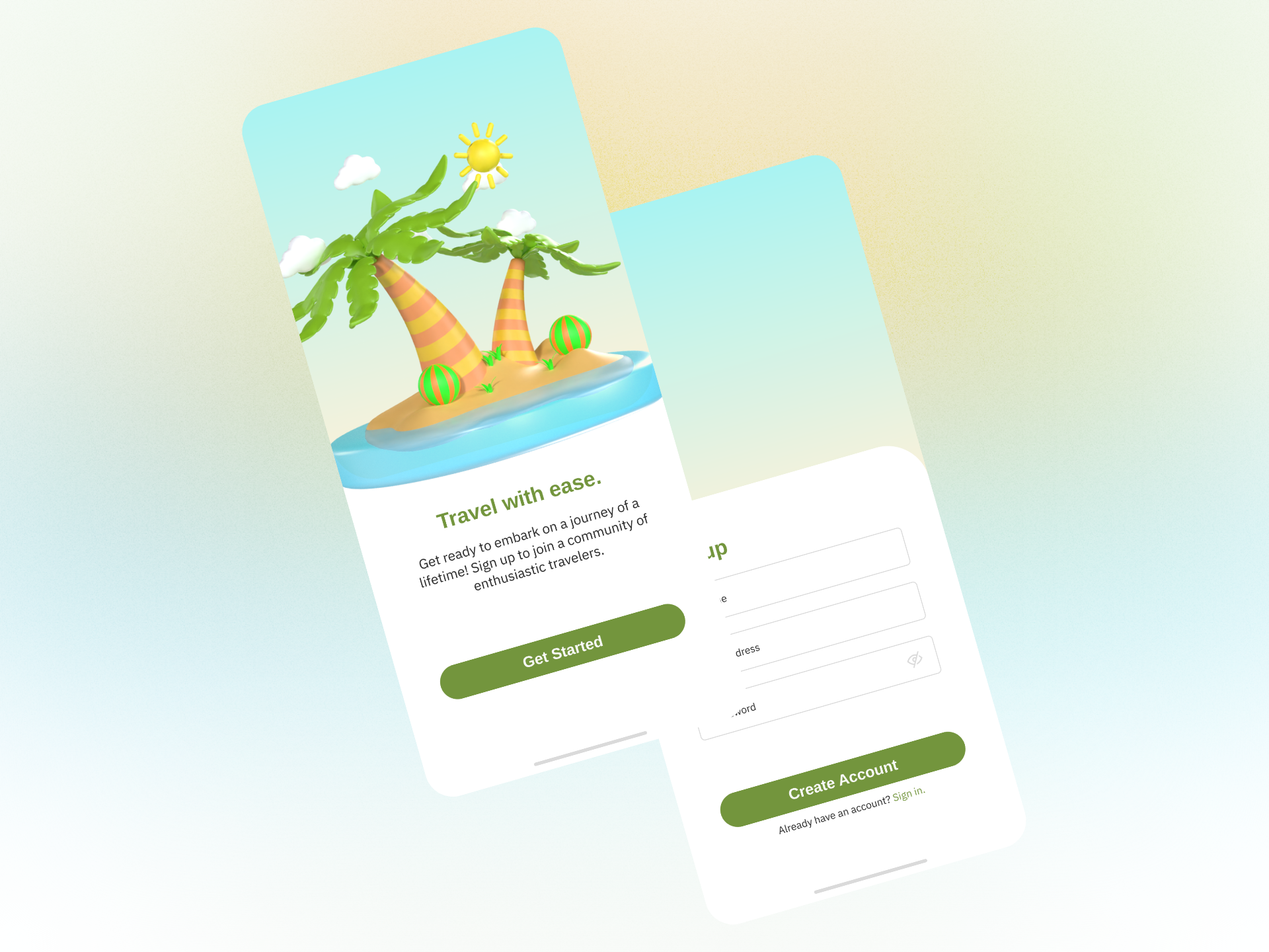 UI Design - Travel Mobile App Sign-Up Page 3d app design dailyui design minimal mobile app mobile design pastel sign up travel app ui ui ux design user experience user interface visual design