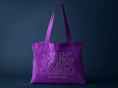 2023 SHE Week Tote Bag bag branding custom diamond disco event feminine hand jewel lettering logo mockup modern outline purple she shine tote week women