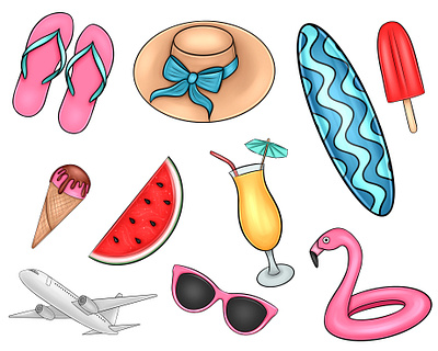 Little summer pics, summertime vibes, day on the beach clipart coctail day on the beach digital illustration flamingo flip flop graphic design icecream summertime summertime vibes surfing vacation watermelon