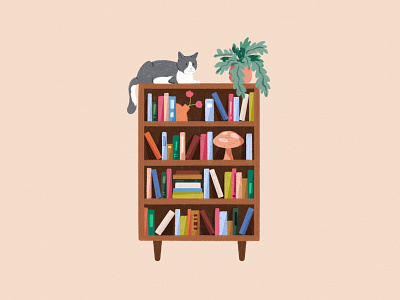 Books & Cats 📚 books bookshelf cat composition design flourishing home decor house plants illustration