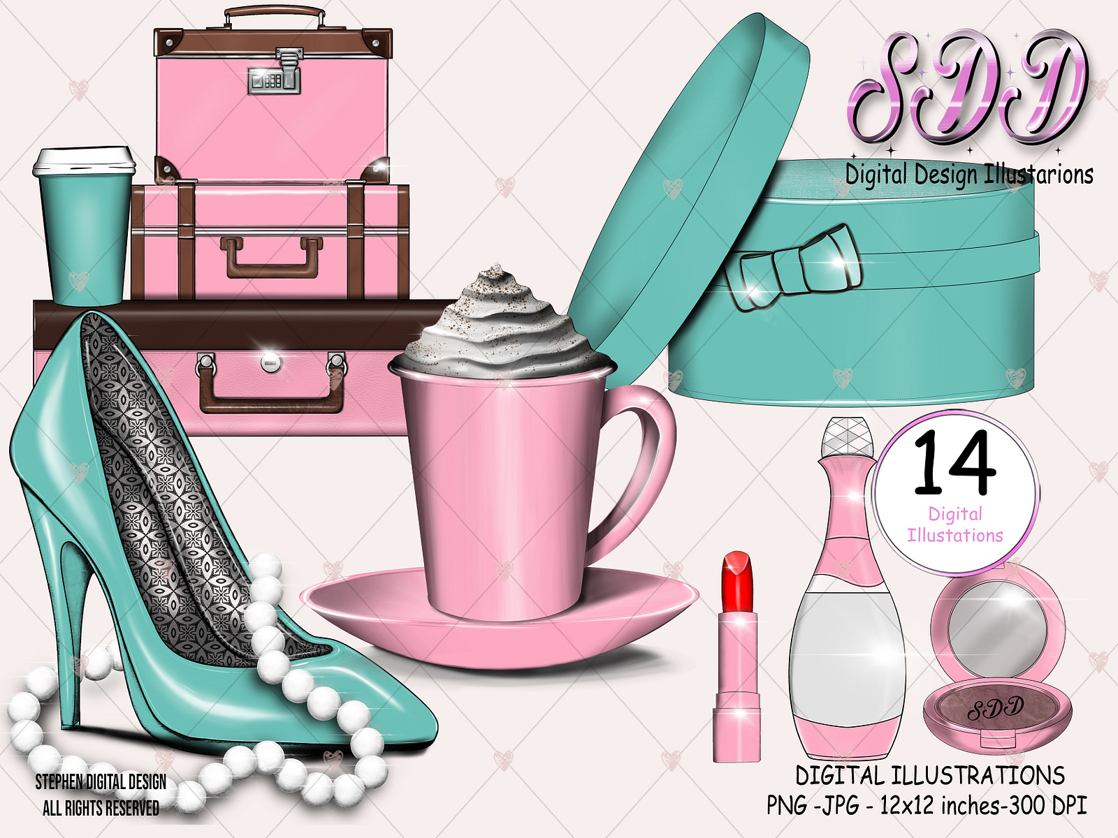 Purse and Coffee Cup Clipart, Fashion Clipart, Designer Bag