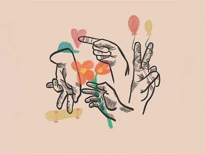 Catch these hands baloons flowers graphic design hands heart illustration skate sticker tattoo