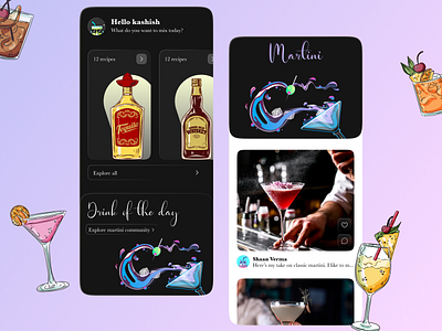 A social app for mixology enthusiasts app bright cocktail dark design mobile ui