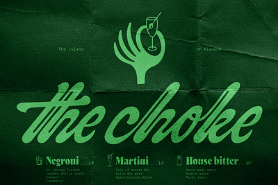 The Choke artichoke bar branding branding cocktail drink glass green handlettering iconography illustration lettering logo martini menu negroni plant script serif tonal typography