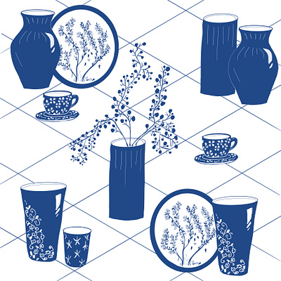 Blue Pottery art blue china cup design digital painting digital design flowers graphic design illustration pattern pottery vase white