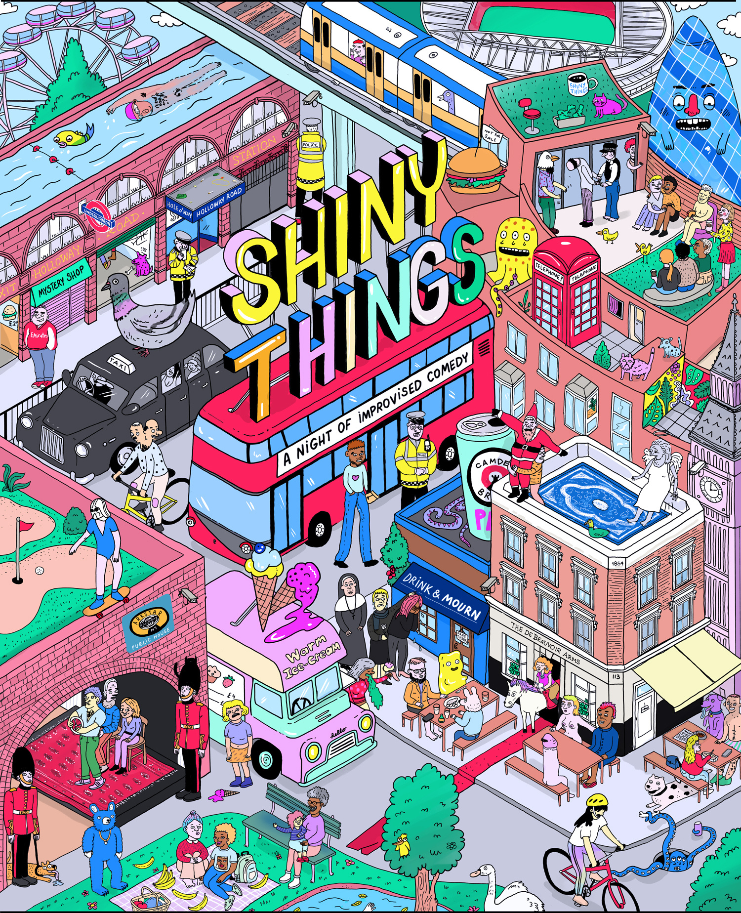 Isometric Illustration for UK Comedy Night buildings cartoon city comic drawing find fun illustration isometric kids waldo wally