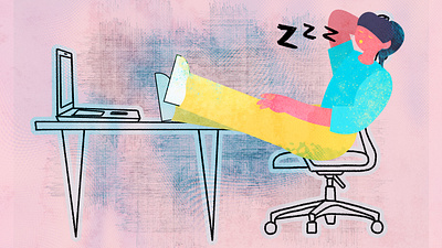 Reverse Your Unproductive Habits article creating desk editorial illustration laptop nap procrastinate procrastinator productivity sleep wfh woman work work from home working