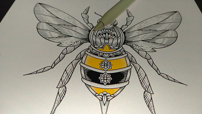 Bee art bee enggraving hand draw illustration logo