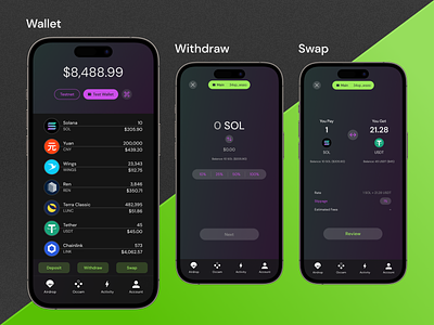 Occam Cryptocurrency Wallet apple balance blockchain crypto cryptocurrency design exchange finance fintech green intuitive occam purple simple solana ui usdt ux wallet