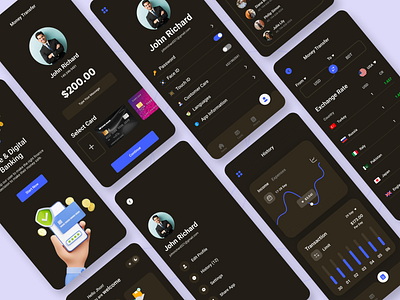 Mobile Banking App UI (Dark) analytics balance bank banking clean community engagement credit expends finance financial app minimal mobile app money saas security startup transaction ui ux wallet