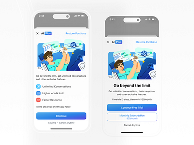 AI Chat App - Paywall Design Alternatives ai chat app blue chat chatgpt gpt illustration indonesian ios ios app ios design mobile app design paywall paywall screen premium swiftui