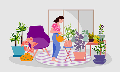 A woman watering home plants design graphic design illustration illustrator interior people plants vector woman