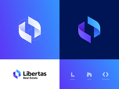 Libertas Real Estate Logo Design blue brackets branding code gradient gridding home identity logo logo design logo grid property purple real estate technology
