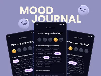 Mood Journal tracker app – Exploration app design emoji figma prototype interactive ios design journal app mental health micro interaction mobile app mood diary mood journal mood tracker ui user interface