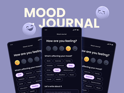 Mood Journal tracker app – Exploration app design emoji figma prototype interactive ios design journal app mental health micro interaction mobile app mood diary mood journal mood tracker ui user interface