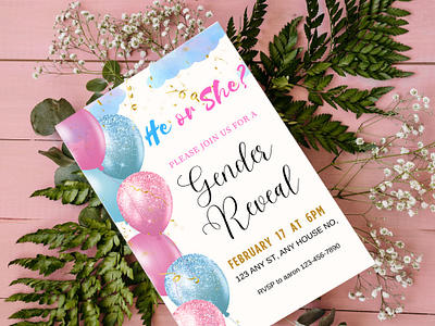 Baby Gender Reveal Invitation Card baby card baloons branding business cards etsy design gender reveal card graphic design invitation card printing design social media post