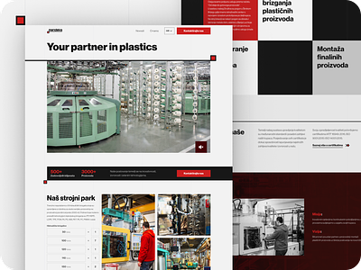 Landing page for a plastic production company automatisation bold compund factory homepage industry landing page machine manufacturing minimal plastic red sharp typography ui ux