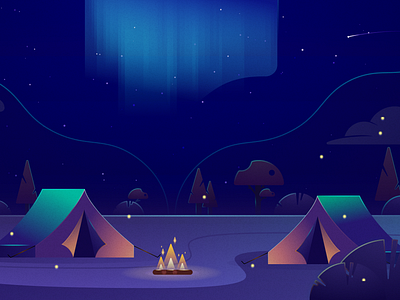 Campfire Illustration adobe adventure aurora campfire camping figma fire glamping gleaning holiday illustration muti noise northern lights relaxing tent texture trees vector water