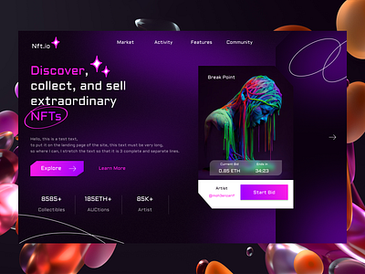 Nft.io 3d design figma graphic design header landing page nft ui uiux uix user experience user interface ux uxui web web design website website design