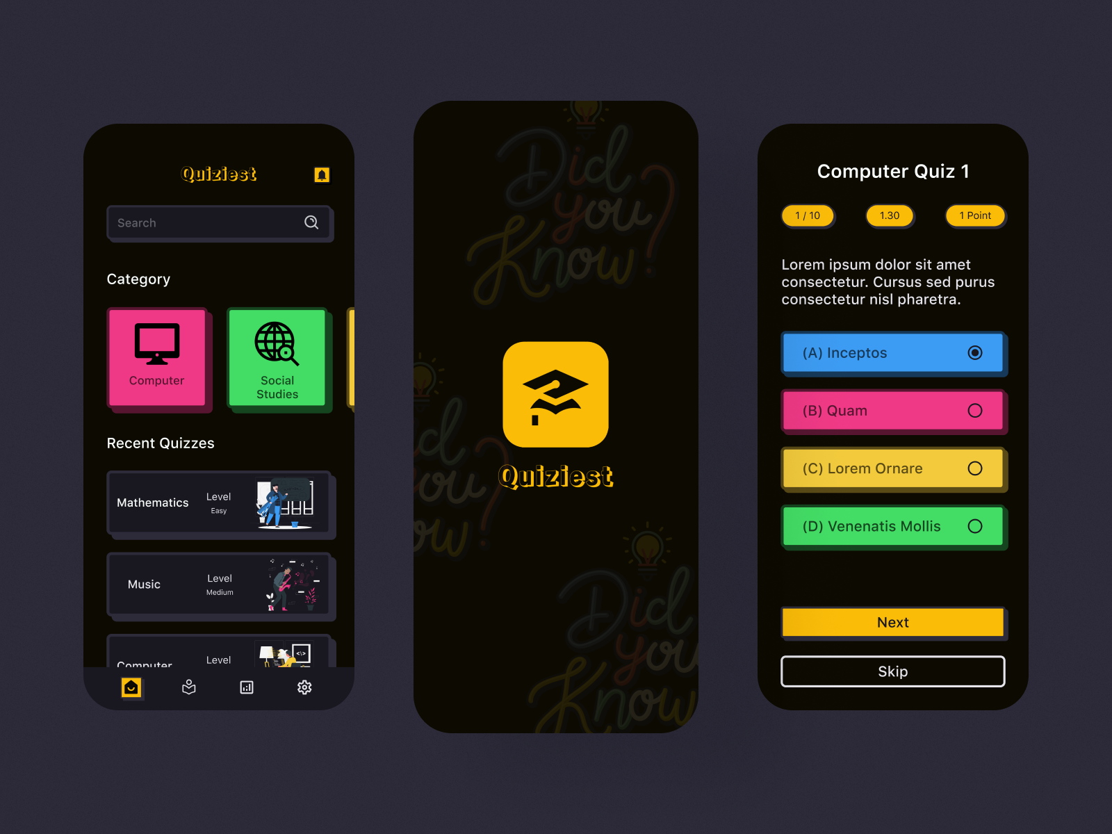 Quiz Application app app development app design appdesign mobileappdesign application development branding dark theme design figma graphic design illustration knowledge logo mobile app mobile design quiz ui ux