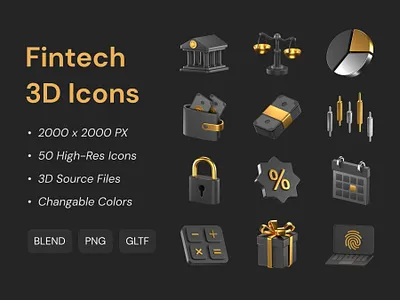 Fintech 3D Icons Pack 3d blender dark finance fintech gold icon illustration logo mode money pay payment render safe safety silver theme trade ui