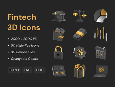 Fintech 3D Icons Pack 3d blender dark finance fintech gold icon illustration logo mode money pay payment render safe safety silver theme trade ui
