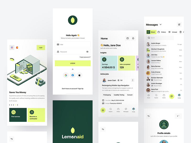 Lemon - Ai App ai app app design branding chat concept design illustration interface job find lemon login logo messanger minimal onboarding profiles tasks ui ux