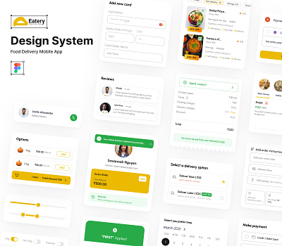 Eatery Design System cards color palette components design system food delivery app iconography input fields range selector style guide typography ui kit uiux