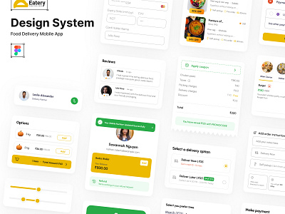 Eatery Design System cards color palette components design system food delivery app iconography input fields range selector style guide typography ui kit uiux