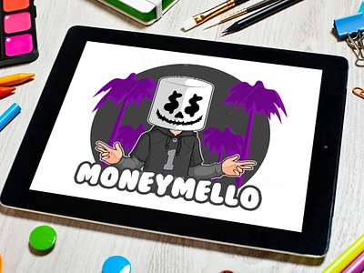 Stunning cartoon logo of a funny Marshmello abrang branding circle logo customdesigns dark theme design dollar sign eyes fiverr halloween pumpkins illustration man with black hoodie man with box head marshmello purple palm sticker text logo tshirt design tshirt designer tshirt pattern