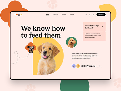 Dog Food Products Landing Page clean and minimal creative dog food food illustrations orange pastel pet hero banner pet products website design petcare products web ui webdesign