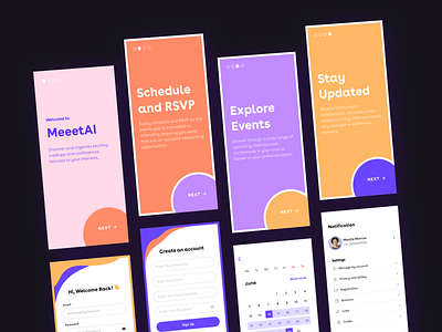 Concept screens for a meet up app. 🤓 ai app branding calendar colorful colour design gradient graphic illustration ios logo meeting meetup minimal pastel profile schedule ui web