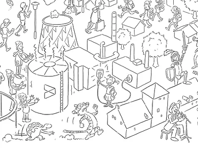 Duisburg Municipal Utilities cartoon character design comic hand drawn hidden picture illustration people wimmelbild