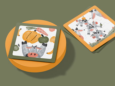 Dairy Product Identity: Branded Puzzle Coaster branding character art coaster cow dairy design design studio digital art digital illustration food brand fruit graphic design identity design illustration illustrator jigsaw puzzle milk puzzle toy watercolor