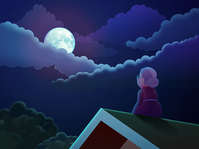 Granny on the roof | Illustrations for the fairy tale 2d cartoon granny illustration night vector vector illustration