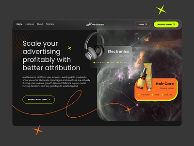 Nortbeam.io ⏤ Concept advertising design hero landing marketing nebula playfull product section space ui ux website