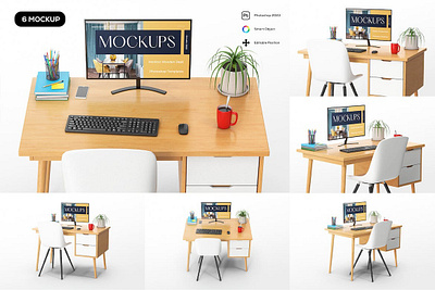 Monitor Wooden Desk Mockup abstract clean device display laptop mac macbook mockup phone phone mockup presentation realistic simple smartphone theme ui ux web webpage website