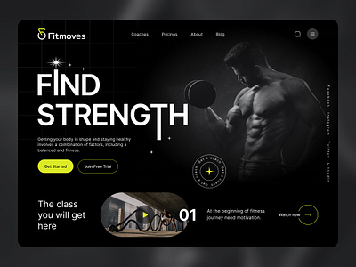 Fitmoves - Fitness Landing Page coach dark dark theme design figma fitness gym home page landing page logo section social strength theme ui ux web website