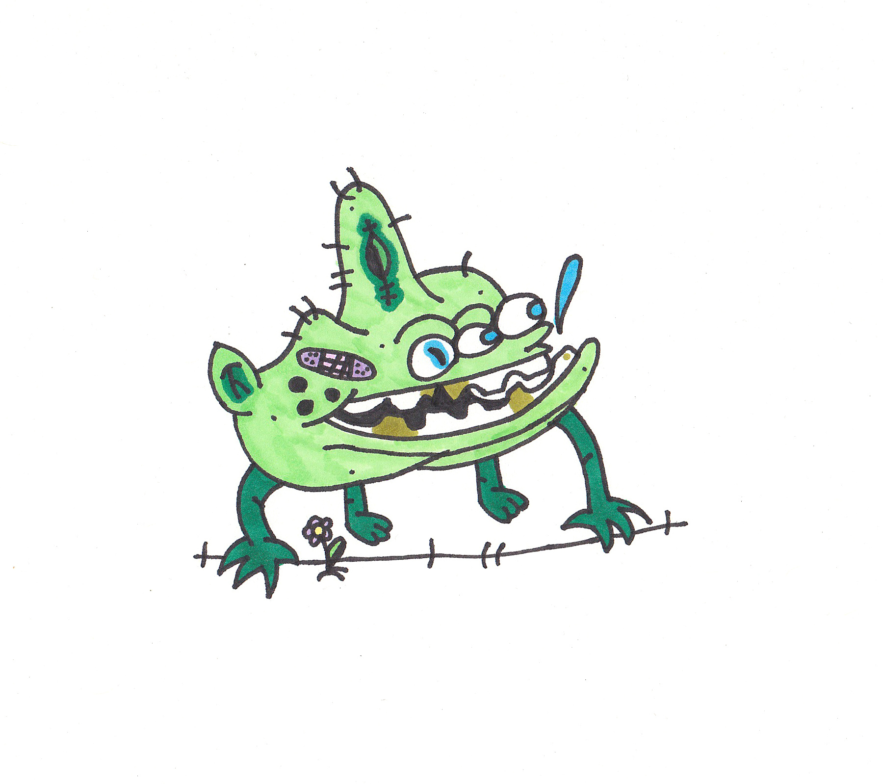 What a beautiful day band aid cartoon character drawing drool flower green gremlin hair hand drawn illustration markers monster scar spit