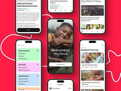 FORUS | Mobile app for volunteering africa animals app app design categories clean design figma healthcare helping interface iphone minimal mobile app news ui user experience user interface ux volunteers