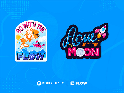 Flow Stickers brand crab drawing fish halftone handtype handwritten illustration moon ocean pink rocket sea stickers type