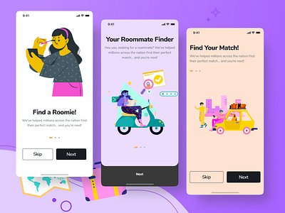 Roomate Finder Mobile App branding color dating app dating mobile app design figma illustration roommate roommate app roommate finder app ui ux vector
