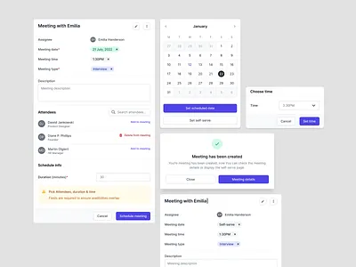 Meeting Create Components - Recruitment Platform calendar call schedule candidate call schedule components hr modals meeting components meeting create meeting modal meeting popup meeting schedule modals product design recruitment modals recruitment platform schedule a call schedule a meeting schedule call schedule components schedule meeting