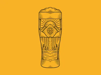 Beer Landscape Logo (logo for sale) beer beer art beer hop brand identity branding creative design for sale hand drawn logo hop illustration landscape logo design logoground logotype mountain sun tree vector vintage logo water