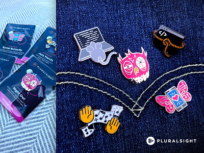 Enamel Pins 📌 badge brand butterfly code coder developer enamel event illustration lasso mouse owl pink pins pluralsight social tired wrangler