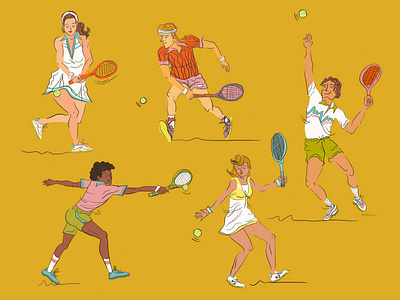 Retro Tennis Player Poses design drawing illustration linework movement people retro tennis