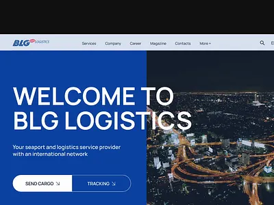 Hero section animation blue company website corporate design interaction lolgistic motion navigation navy ui uiux