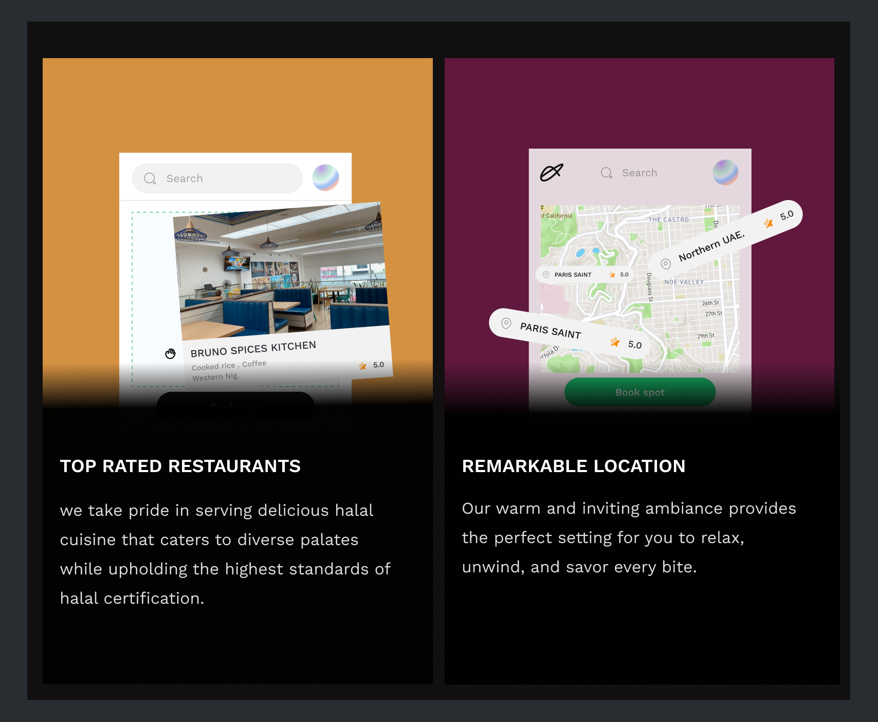 Food restaurant features branding graphic design illustration mobile design ui vector web