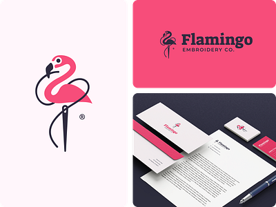 Flamingo | Brand Identity bird branding clever clever logo concept design double meaning embroidery flamingo graphic design logo logo design logotype needle shape smart logo stationary thread