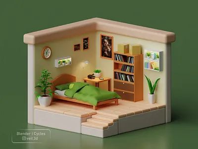 Bedroom 🛏️ 3d 3d illlustration 3d render adorable bedroom cute design green illustration isometric low poly soft